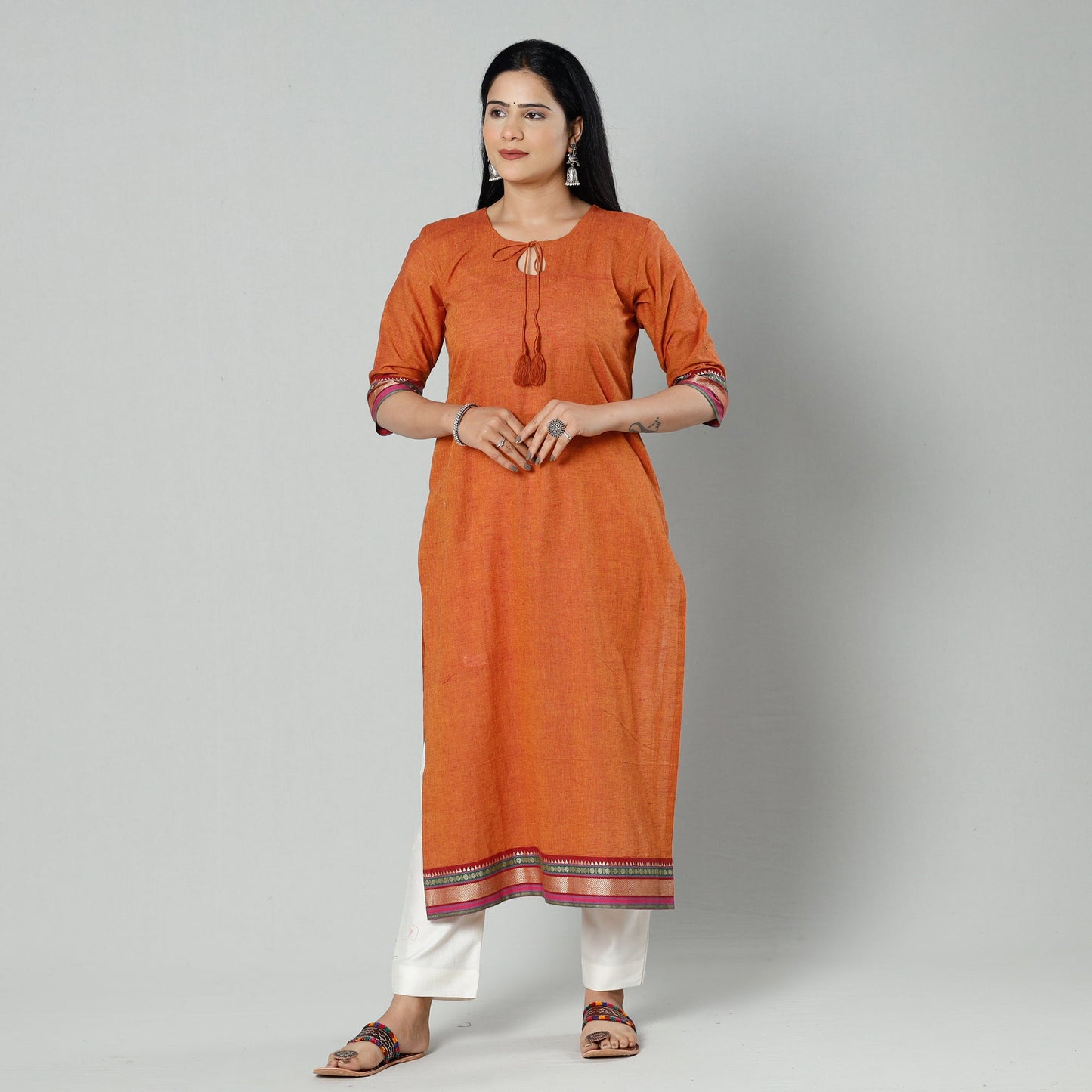 Dark orange dharwad cotton long kurti - handcrafted
