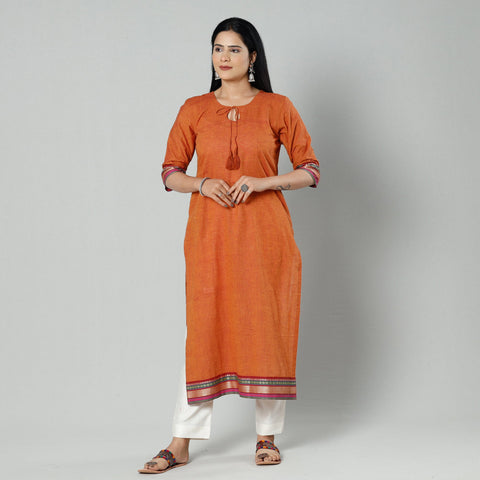 Dark orange dharwad cotton long kurti - handcrafted