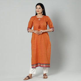 Dark orange dharwad cotton long kurti - handcrafted