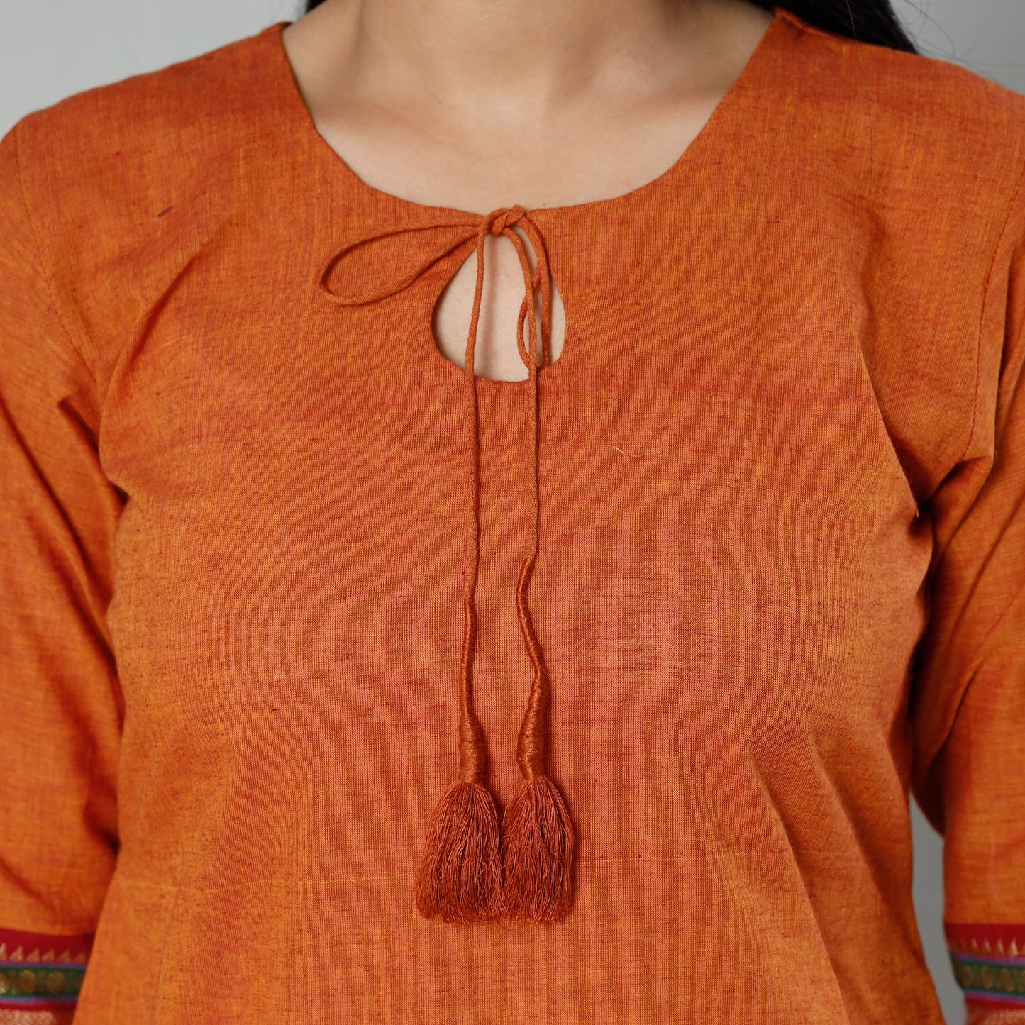 Dark orange dharwad cotton long kurti - handcrafted