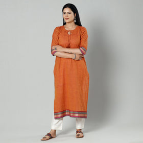 Dark orange dharwad cotton long kurti - handcrafted