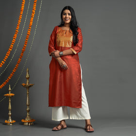 Buy  Dark Grey Plain Tussar Silk Banarasi Patchwork Floral Kurta l iTokri.com