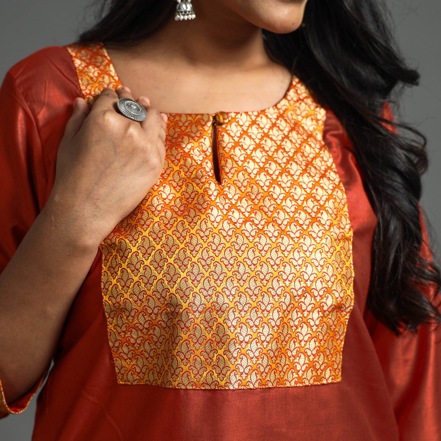 Buy  Dark Grey Plain Tussar Silk Banarasi Patchwork Floral Kurta l iTokri.com