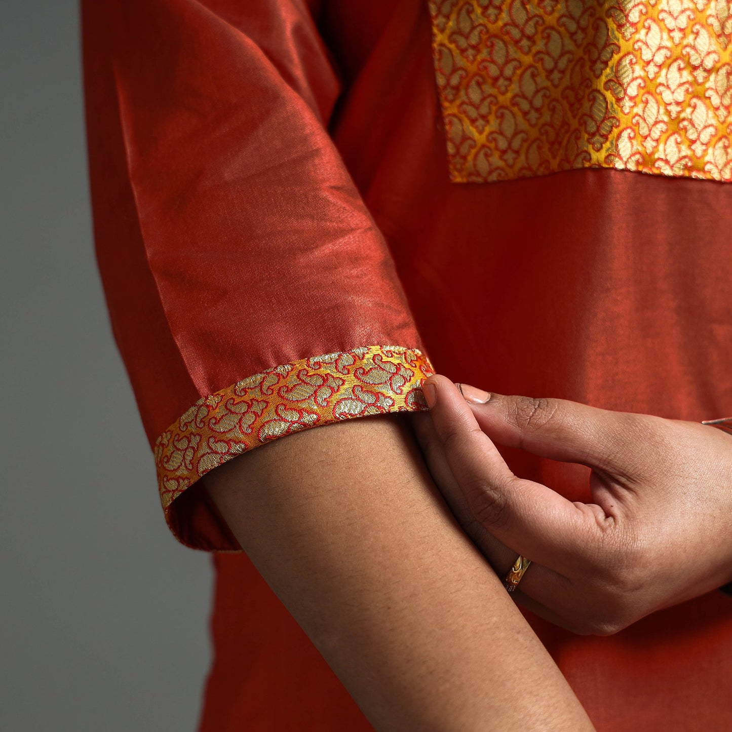 Buy  Dark Grey Plain Tussar Silk Banarasi Patchwork Floral Kurta l iTokri.com