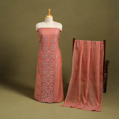 2pc Peach Mul Chanderi Semi Stitched Heavy Chikankari Kurta Set