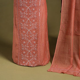 2pc Peach Mul Chanderi Semi Stitched Heavy Chikankari Kurta Set