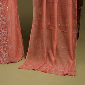 2pc Peach Mul Chanderi Semi Stitched Heavy Chikankari Kurta Set