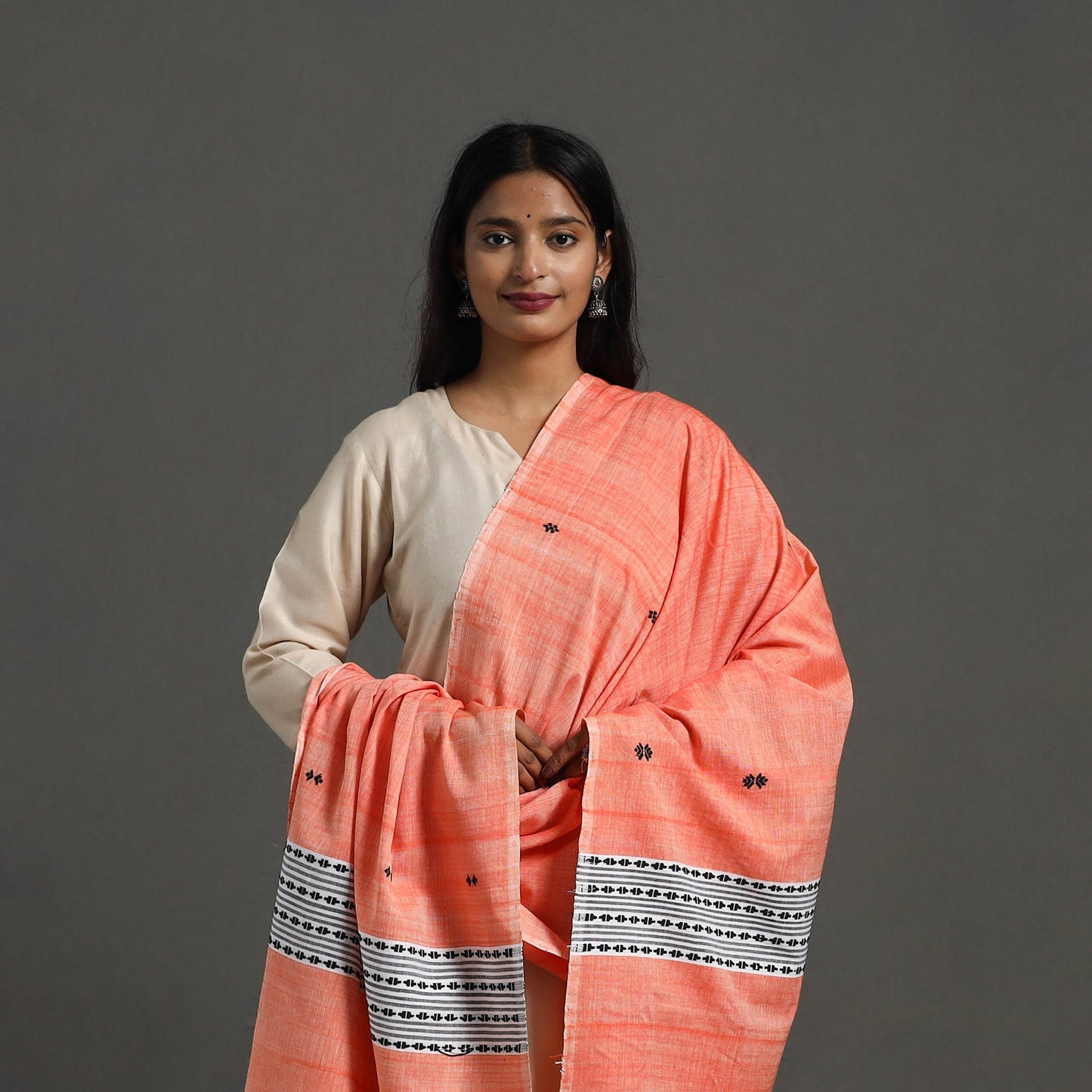 Dark peach - assam weave thread buti cotton handloom
