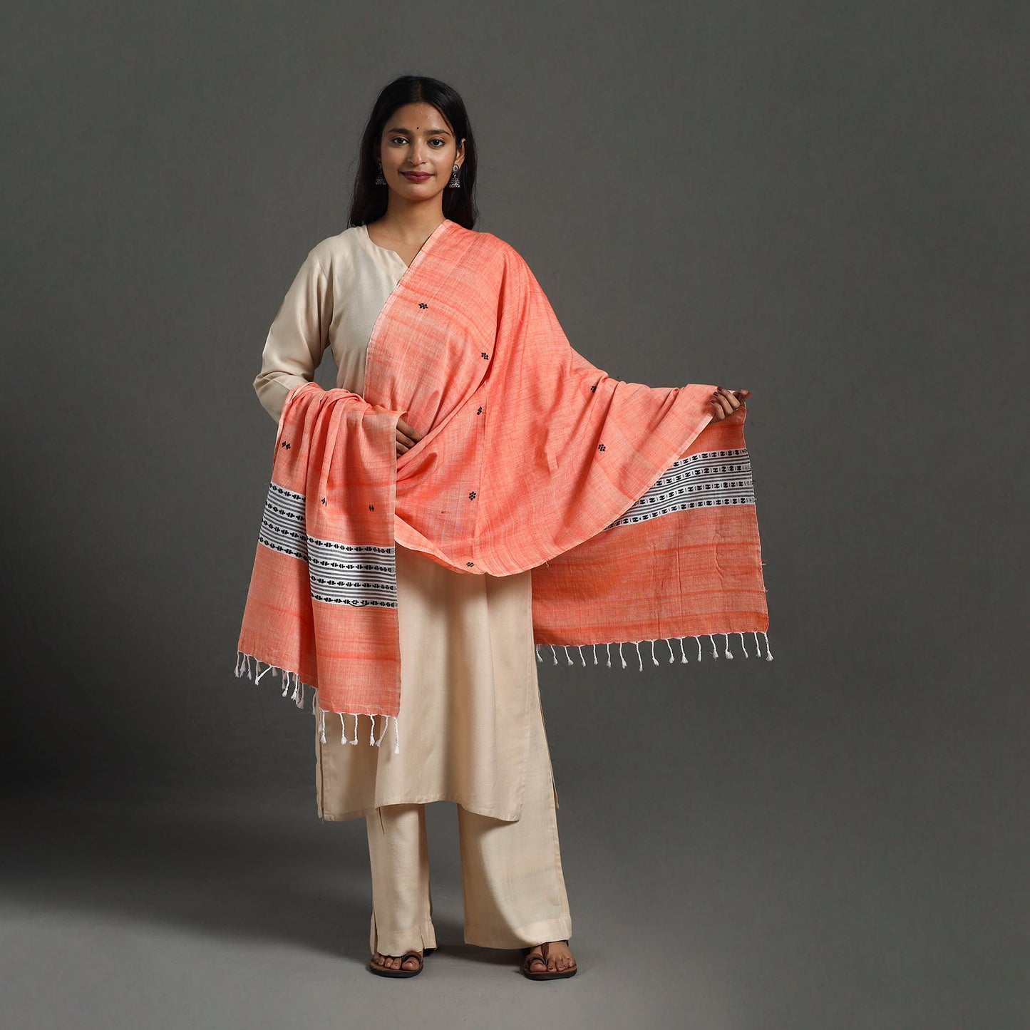 Dark peach - assam weave thread buti cotton handloom