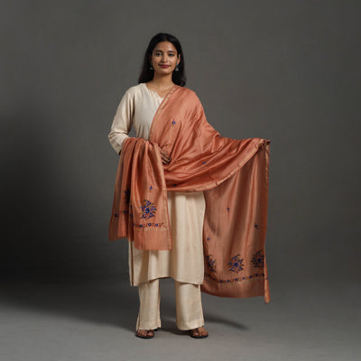 Dark peach - hand embroidered chanderi silk handloom