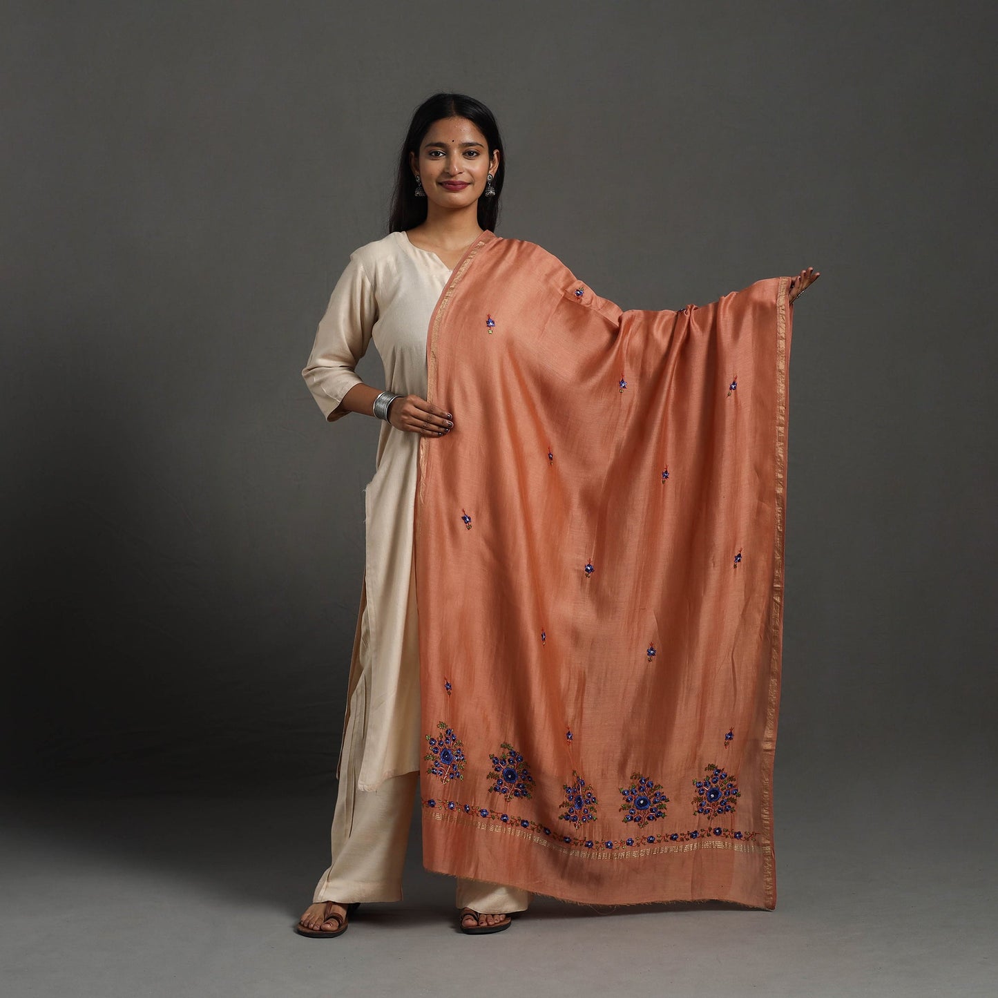 Dark peach - hand embroidered chanderi silk handloom