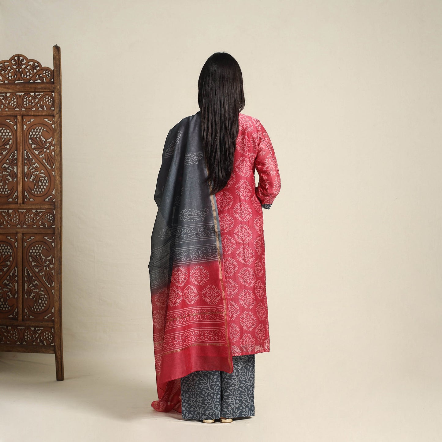  Dark Pink Chanderi Silk Bagru Print Kurta Set