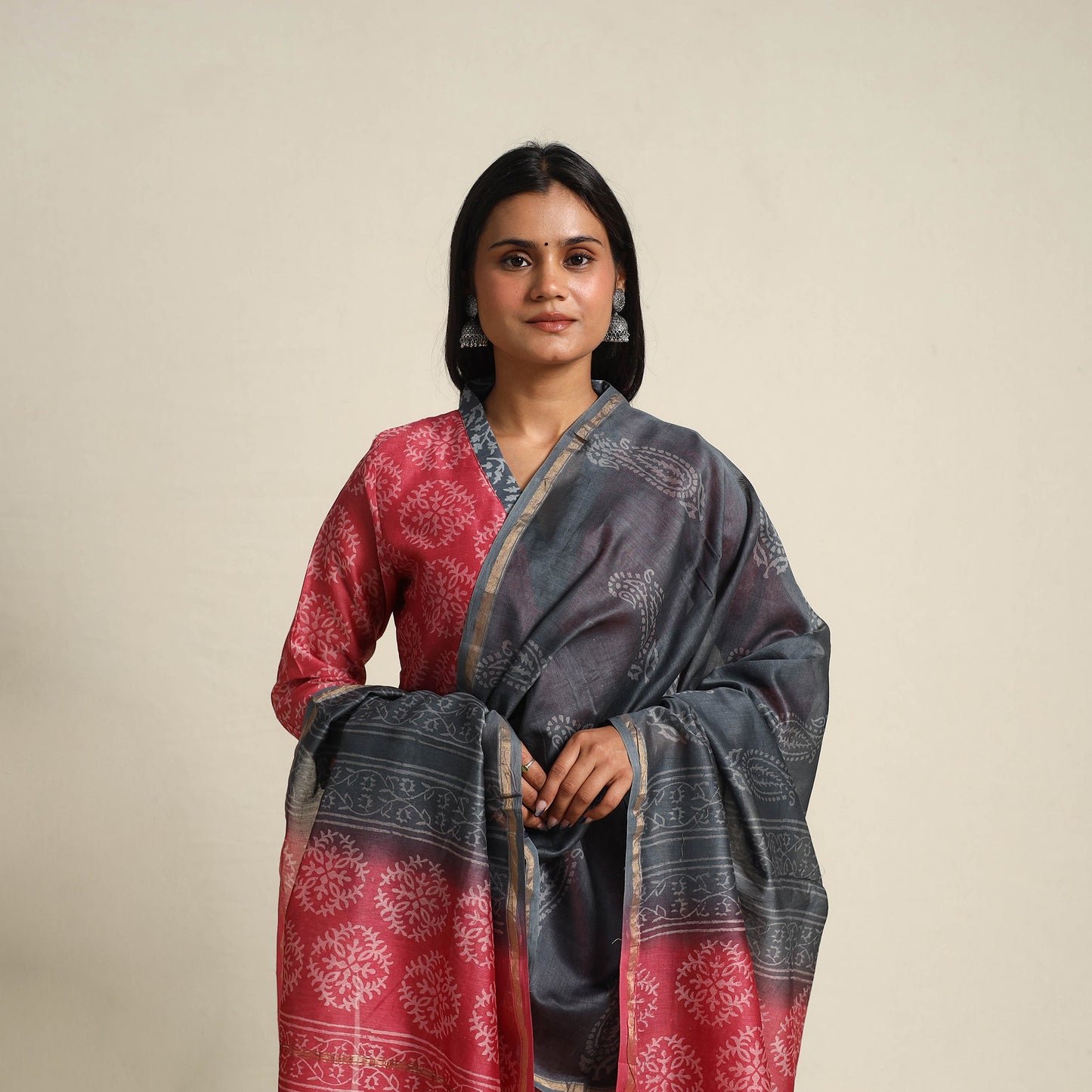  Dark Pink Chanderi Silk Bagru Print Kurta Set