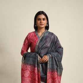  Dark Pink Chanderi Silk Bagru Print Kurta Set