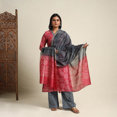  Dark Pink Chanderi Silk Bagru Print Kurta Set