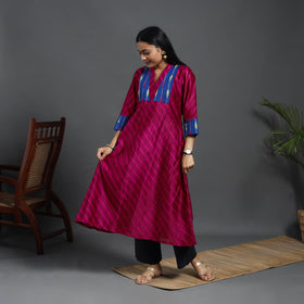 Dark Pink Chanderi Silk A-Line Patchwork Tie-Dye Leheriya Kurta
