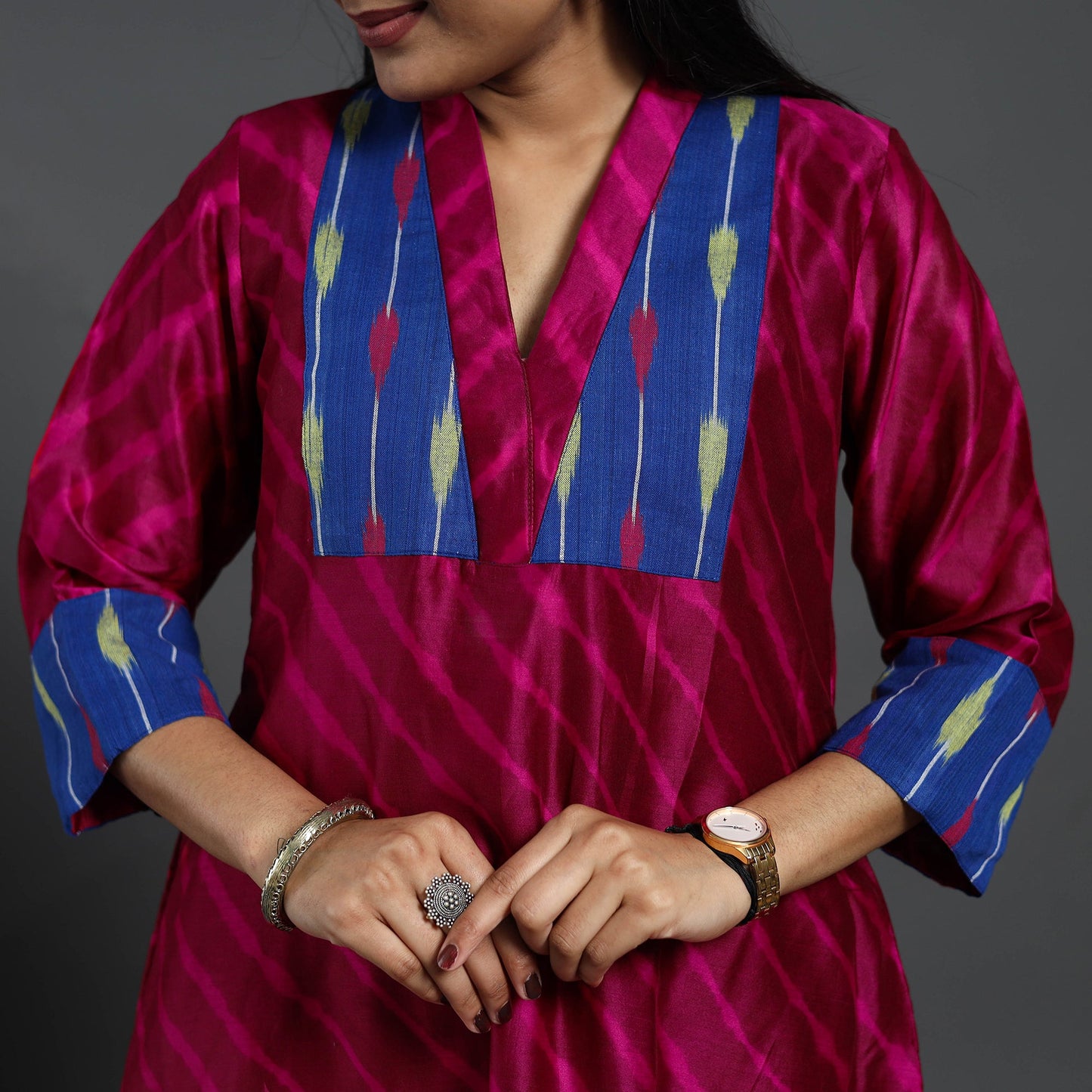 Dark Pink Chanderi Silk A-Line Patchwork Tie-Dye Leheriya Kurta