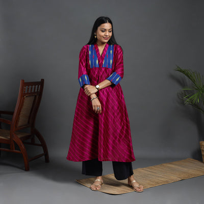 Dark Pink Chanderi Silk A-Line Patchwork Tie-Dye Leheriya Kurta