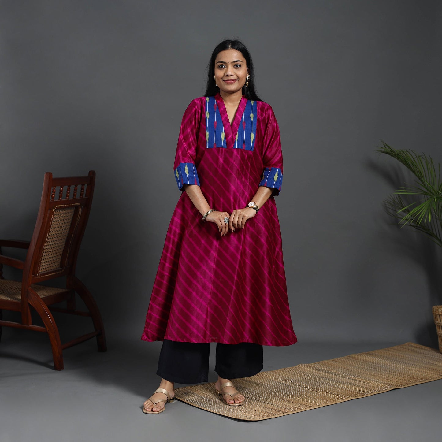 Dark Pink Chanderi Silk A-Line Patchwork Tie-Dye Leheriya Kurta