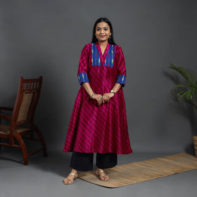 Dark Pink Chanderi Silk A-Line Patchwork Tie-Dye Leheriya Kurta