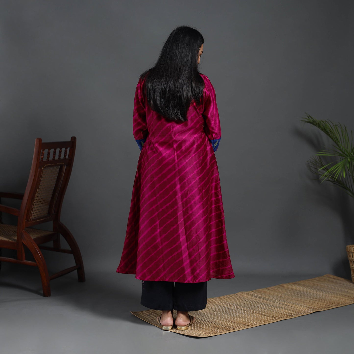 Dark Pink Chanderi Silk A-Line Patchwork Tie-Dye Leheriya Kurta