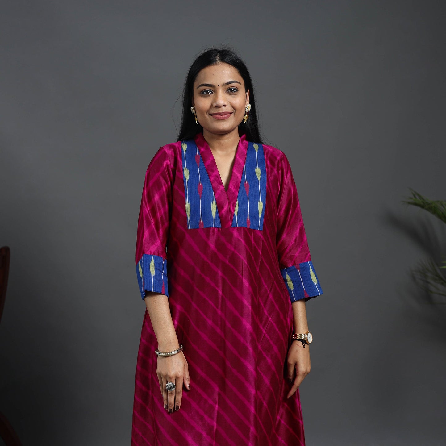 Dark Pink Chanderi Silk A-Line Patchwork Tie-Dye Leheriya Kurta