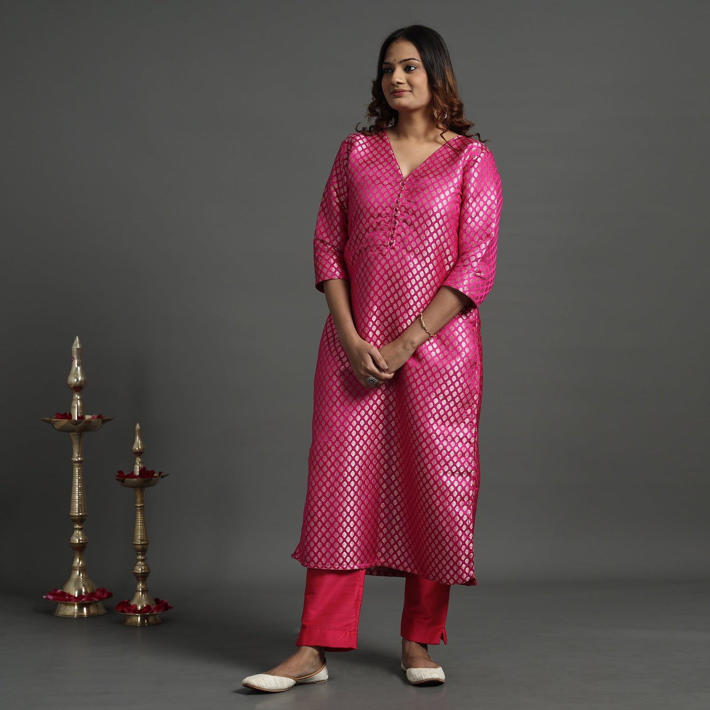 Dark pink - elegant banarasi brocade silk kurta with pant