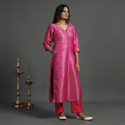 Dark pink - elegant banarasi brocade silk kurta with pant