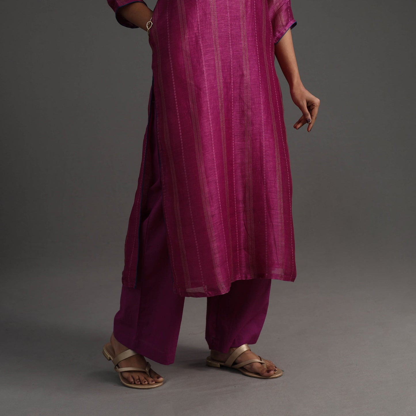 Dark pink - elegant linen silk handloom plain kurta set 10
