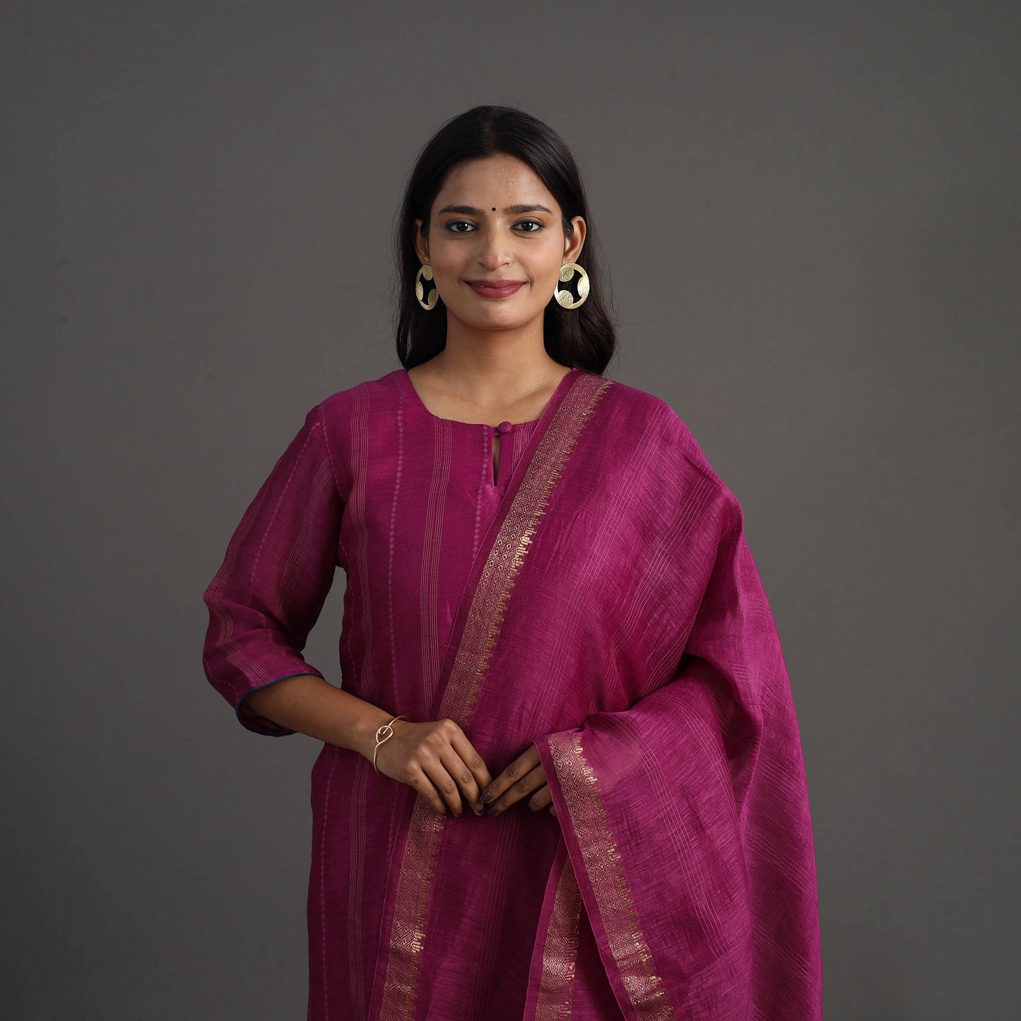 Dark pink - elegant linen silk handloom plain kurta set 10