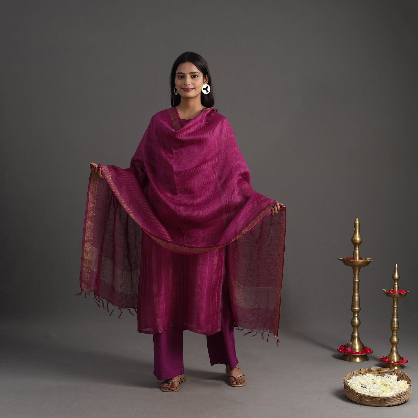 Dark pink - elegant linen silk handloom plain kurta set 10