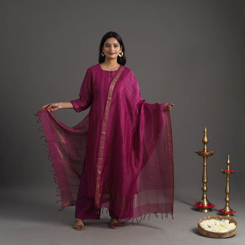 Dark pink - elegant linen silk handloom plain kurta set 10