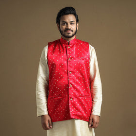 Dark pink - hand printed mashru silk nehru jacket