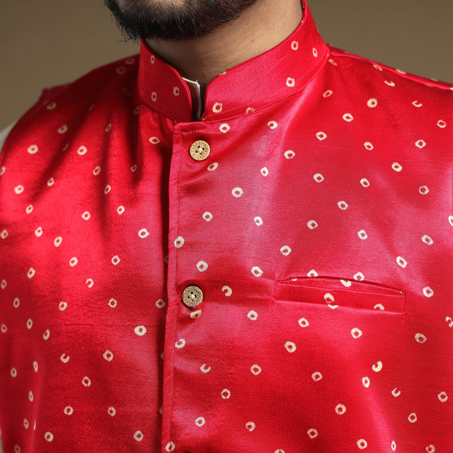 Dark pink - hand printed mashru silk nehru jacket