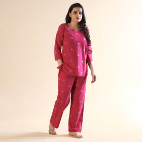Dark pink jacquard cotton top & pyjama night suit set