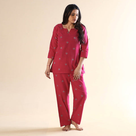 Dark pink jacquard cotton top & pyjama night suit set