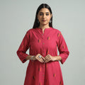 Dark Pink - Jacquard Weave Cotton A-Line Kurta