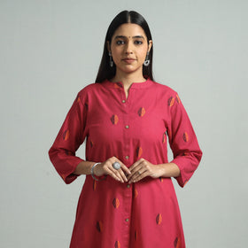 Dark Pink - Jacquard Weave Cotton A-Line Kurta