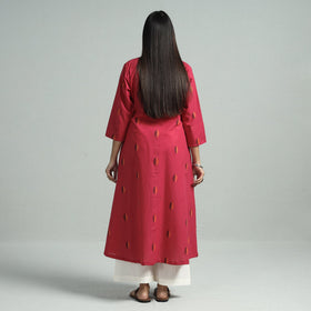 Dark Pink - Jacquard Weave Cotton A-Line Kurta