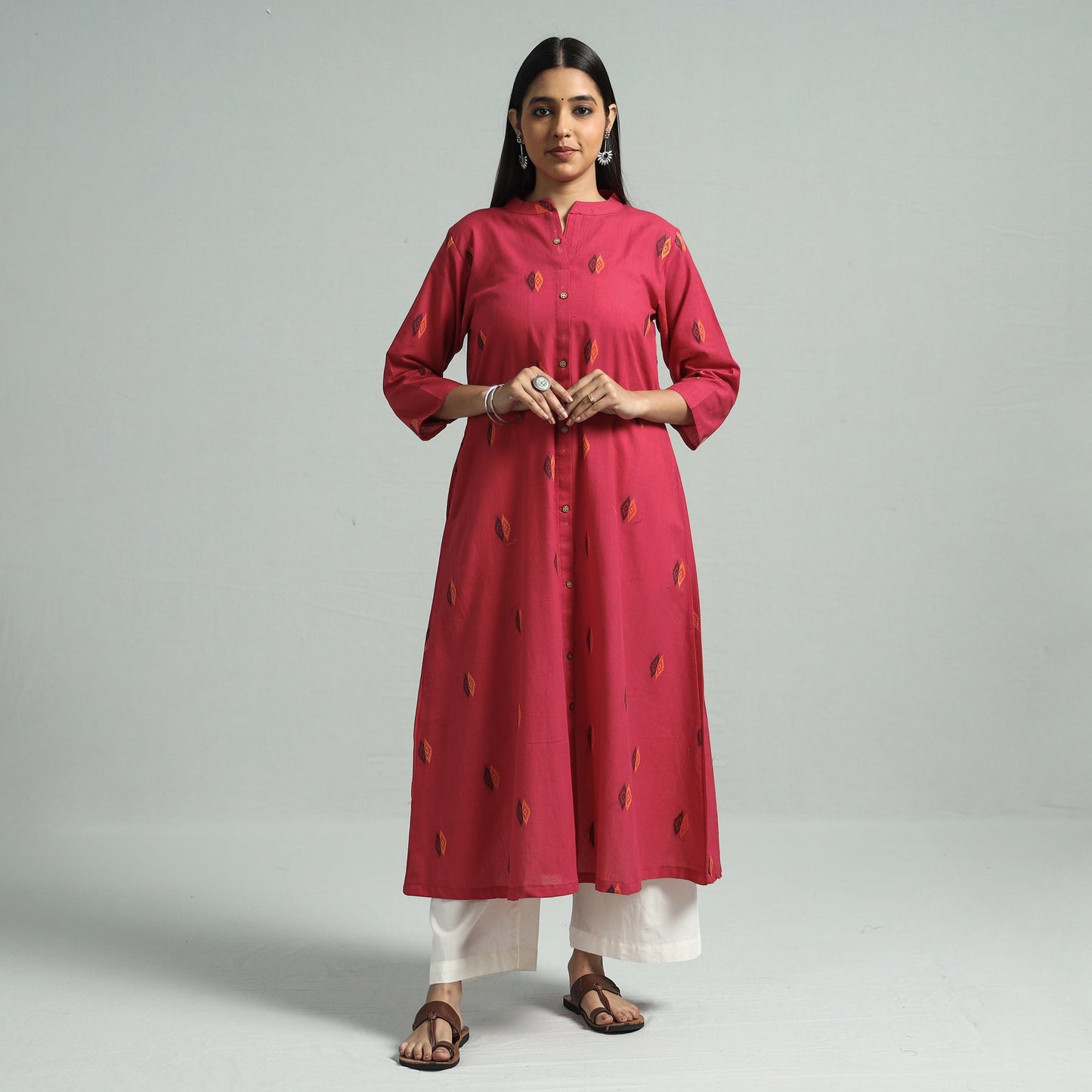 Dark Pink - Jacquard Weave Cotton A-Line Kurta