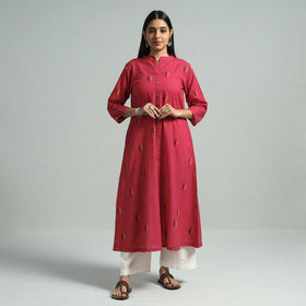 Dark Pink - Jacquard Weave Cotton A-Line Kurta