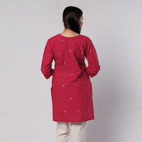 Dark pink jamdani handloom cotton short kurta - handcrafted