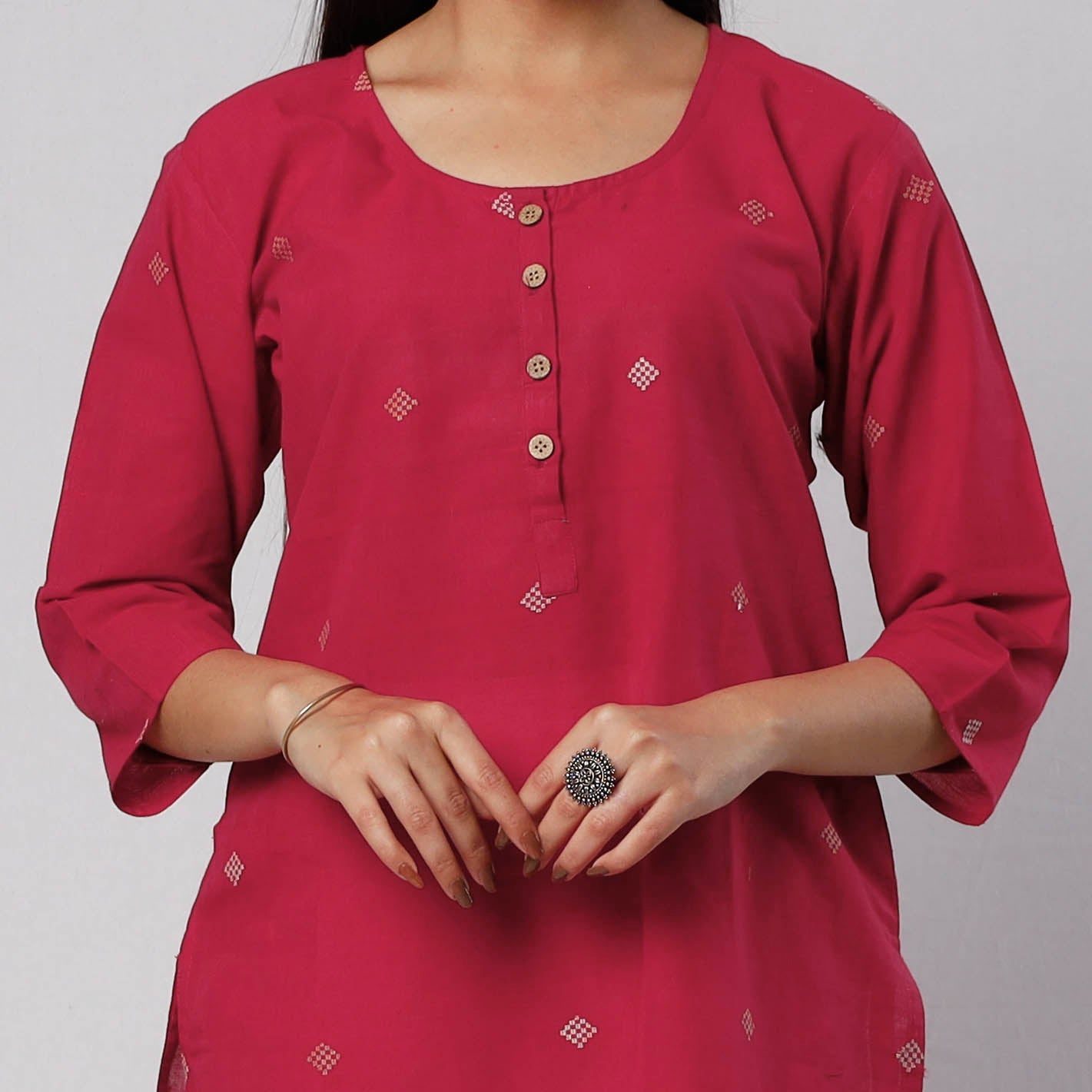 Dark pink jamdani handloom cotton short kurta - handcrafted