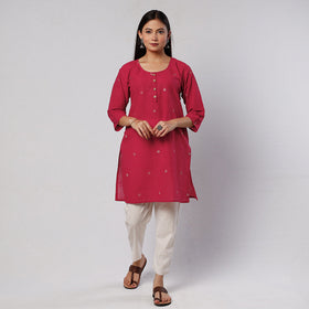 Dark pink jamdani handloom cotton short kurta - handcrafted