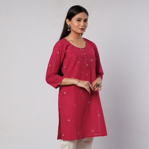 Dark pink jamdani handloom cotton short kurta - handcrafted