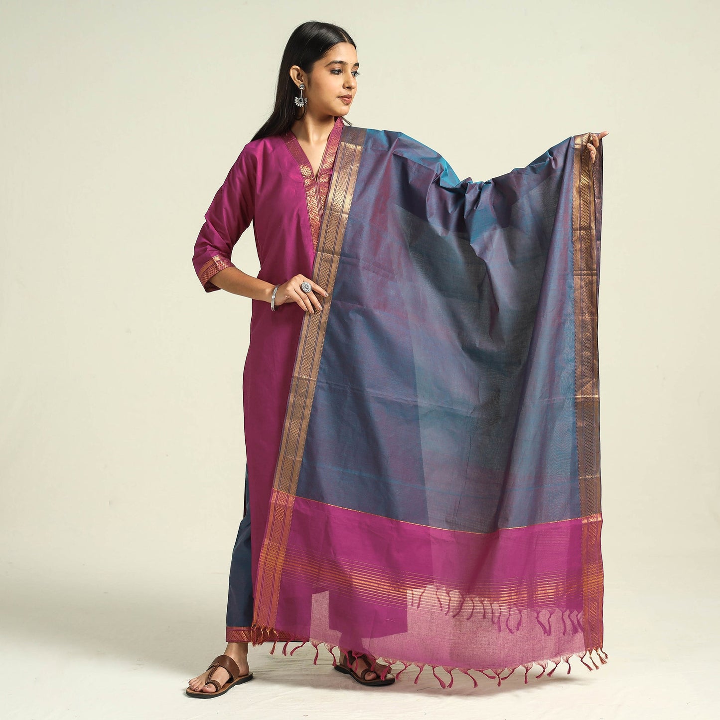 Dark pink - mangalagiri handloom cotton kurta with palazzo