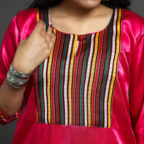Dark pink - plain mashru silk with patchwork straight kurta