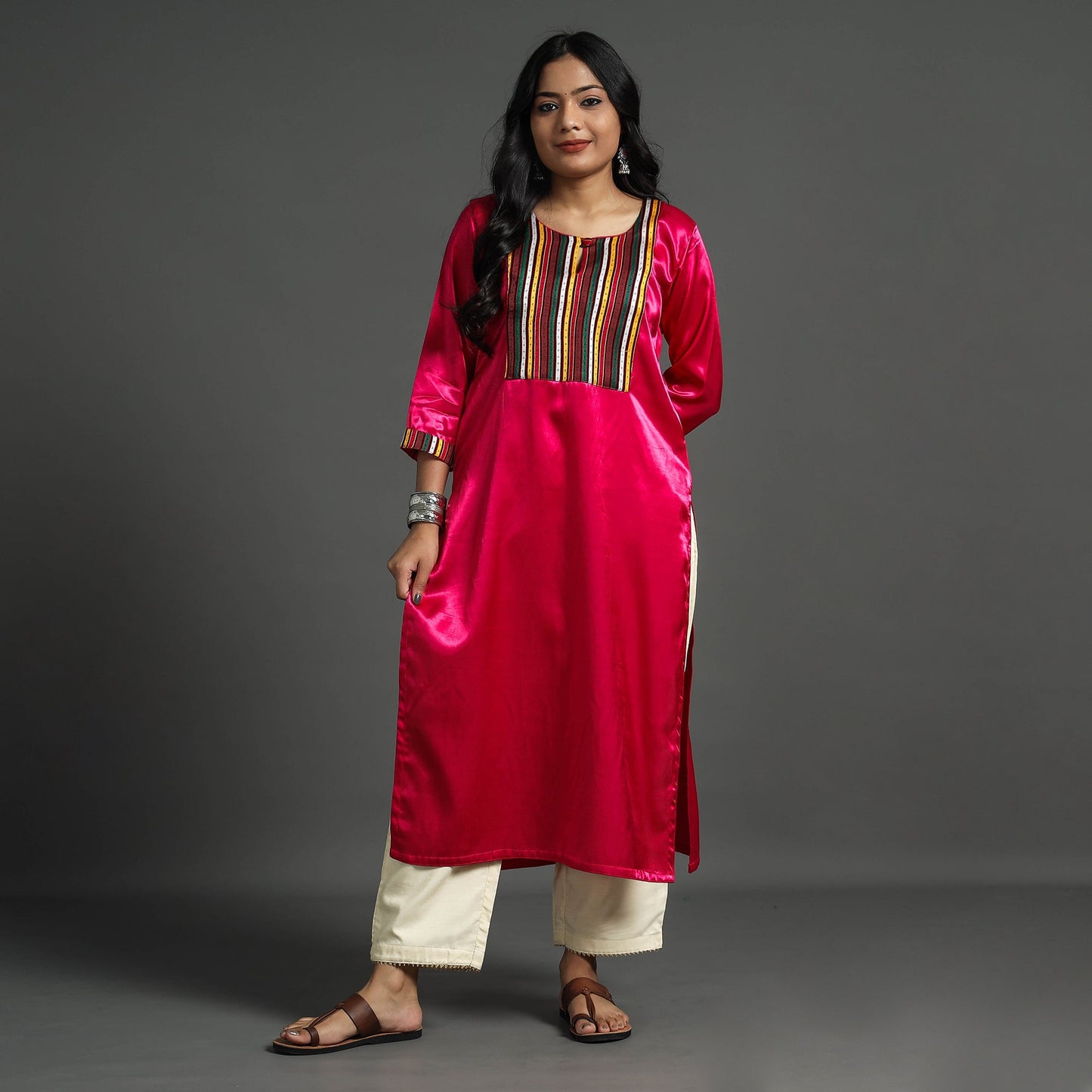 Dark pink - plain mashru silk with patchwork straight kurta