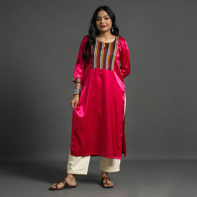 Dark pink - plain mashru silk with patchwork straight kurta