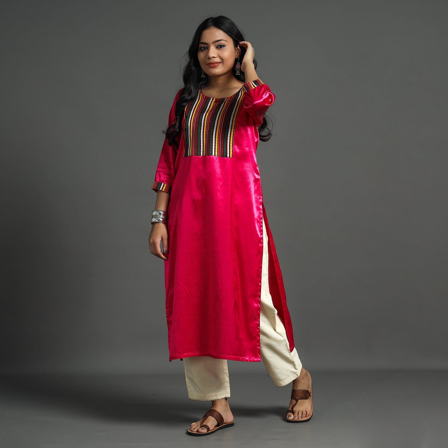 Dark pink - plain mashru silk with patchwork straight kurta